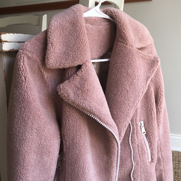 MOTHER Sherpa Fleece Rider Jacket in Tough Girl. Moto. Blush. Size Small - Picture 4 of 16